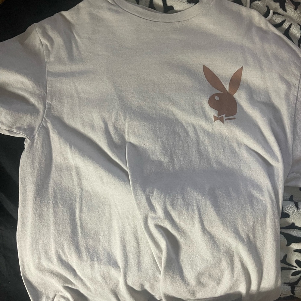 PLAYBOY White and Tan Short Sleeve Tee with Bunny Logo